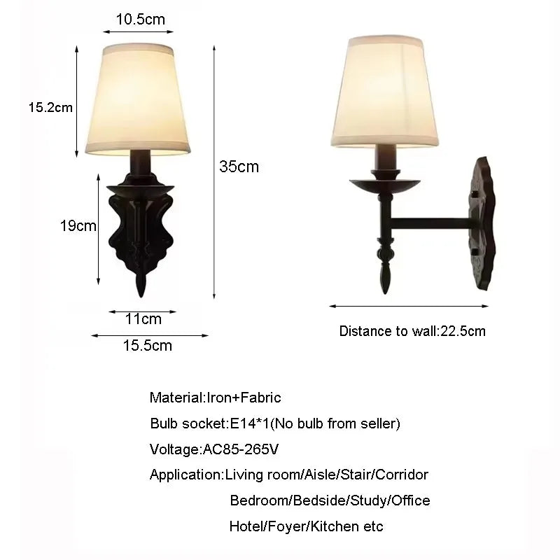 American Black Iron Wall Lamp Retro Living Room Bedroom Bedside Hotel European Countryside Study E14 Fabric Wall Light Sconce