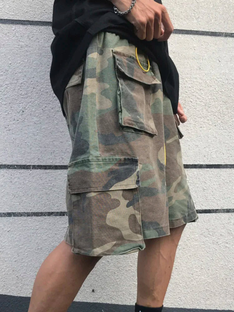 Summer Retro Camouflage Tactical Cargo Shorts Mens Drawstring Multi-Pockets Oversized Casual Work Denim Shorts Man Streetwear
