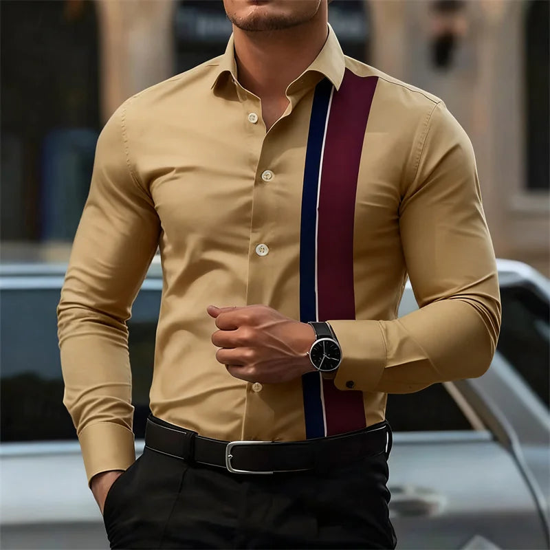 Men's fashionable contrast color striped long sleeve shirt European and American style business casual trendy casual men's shirt