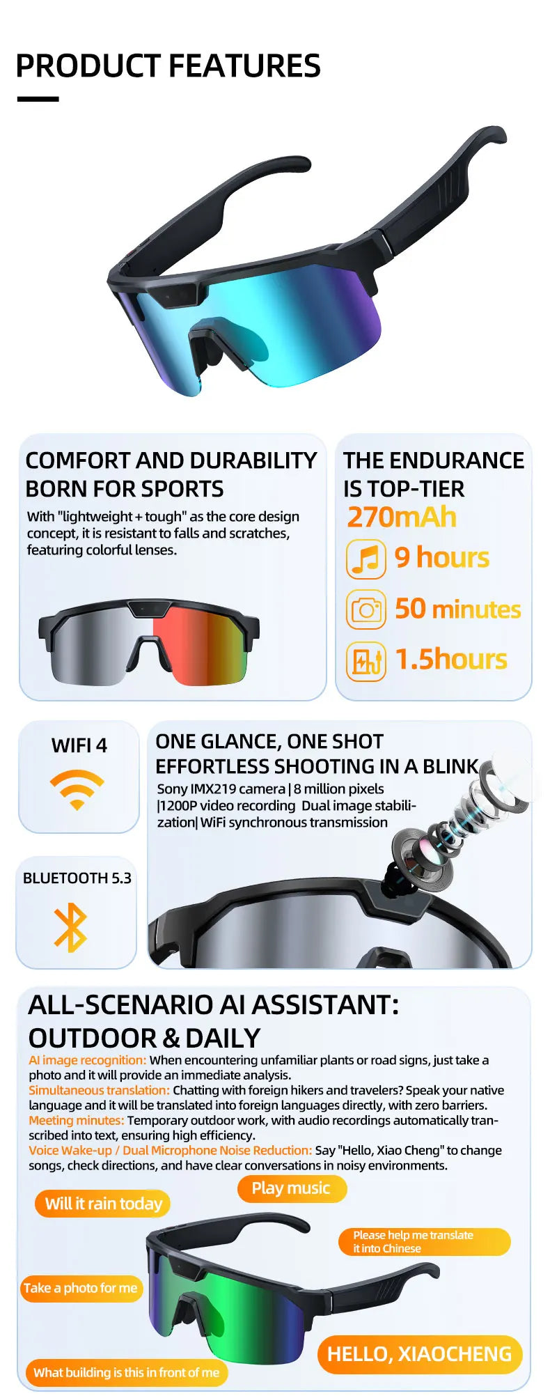 Smart Glasses with 4K HD Anti-Shake Camera & 3D Stereo Speakers Polarized UV400 Sport Sunglasses Bluetooth AI Outdoors Video POV