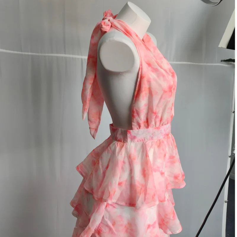 Floral Print Halter Neck Tiered Ruffle Dress Waist Cinched V Neck 2026 Summer Causal Women Vacation Irregular Layered Vestido