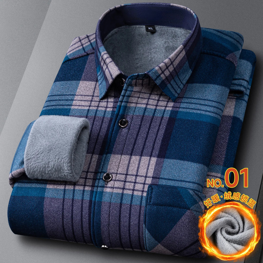 New In Tops Men's Thicken Flannel Fur Lined Shirts Autumn Winter Plus Sized Warm Long Sleeved Plaid Business Casual Slim Clothes