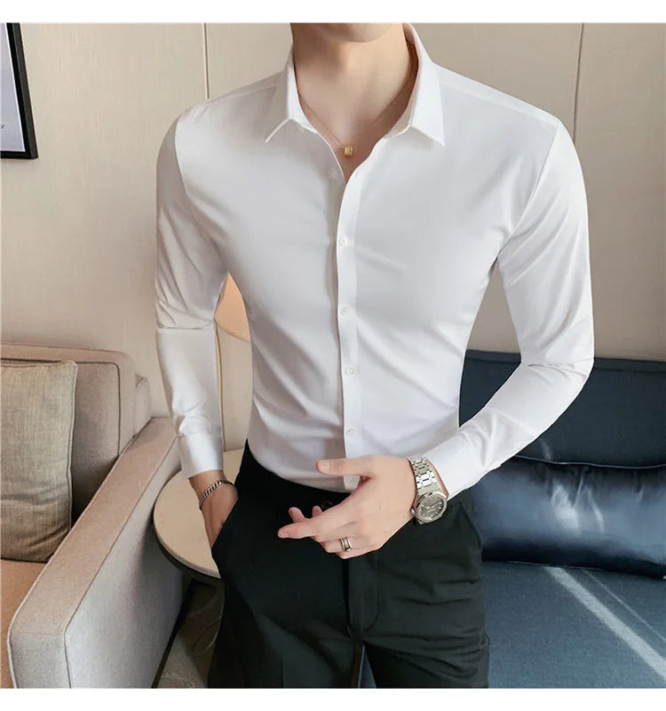 Men's Ultra Stretch Seamless Long Sleeve Shirt Top Quality Business Casual Breathable Stretchable Solid Color Formal Dress Shirt