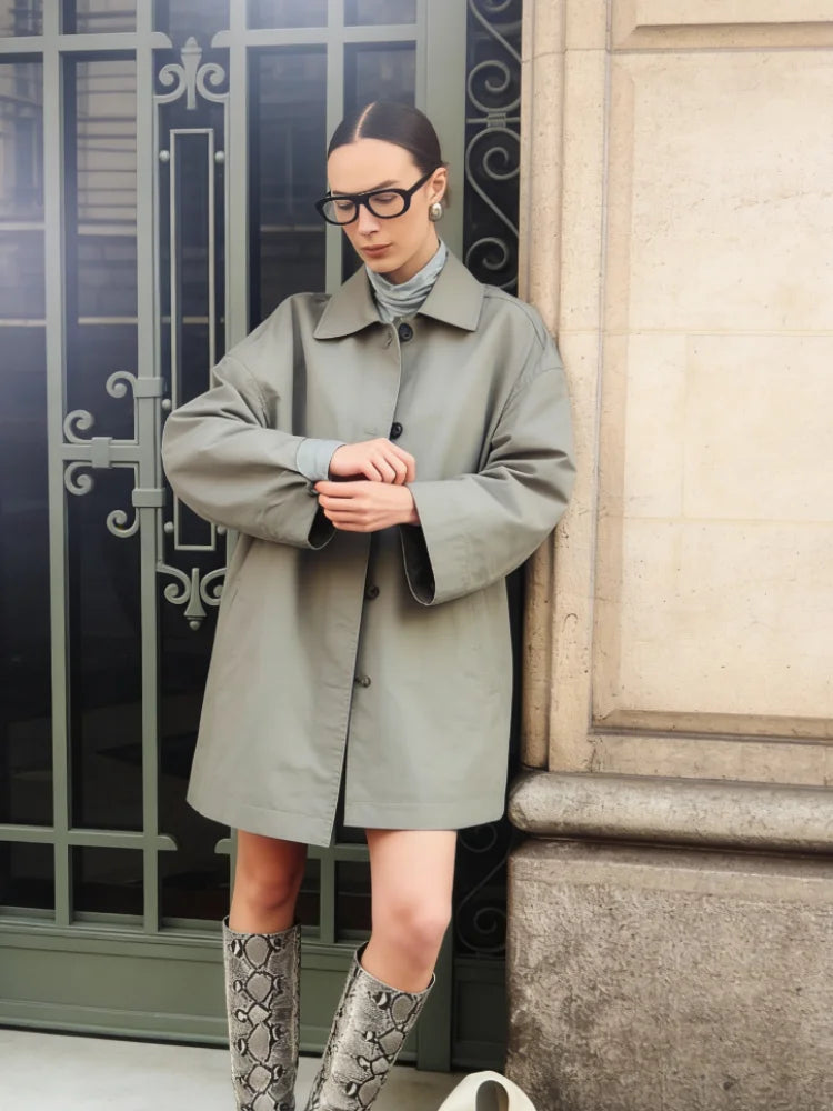 Street Women's Solid Grayish Green Trench Coat Lapel Single Breasted Full Sleeve Pocket Jackets 2026 Autumn Lady Loose Outwear