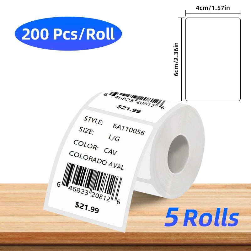 5 Rolls of Thermal Label Paper, Coreless White Self-Adhesive Waterproof Stickers, Suitable for Portable Handheld Printers - for Barcodes, Addresses, Shipping, Corporate Offices, Commercial and Home Labels 30*20mm 30*30 40*20