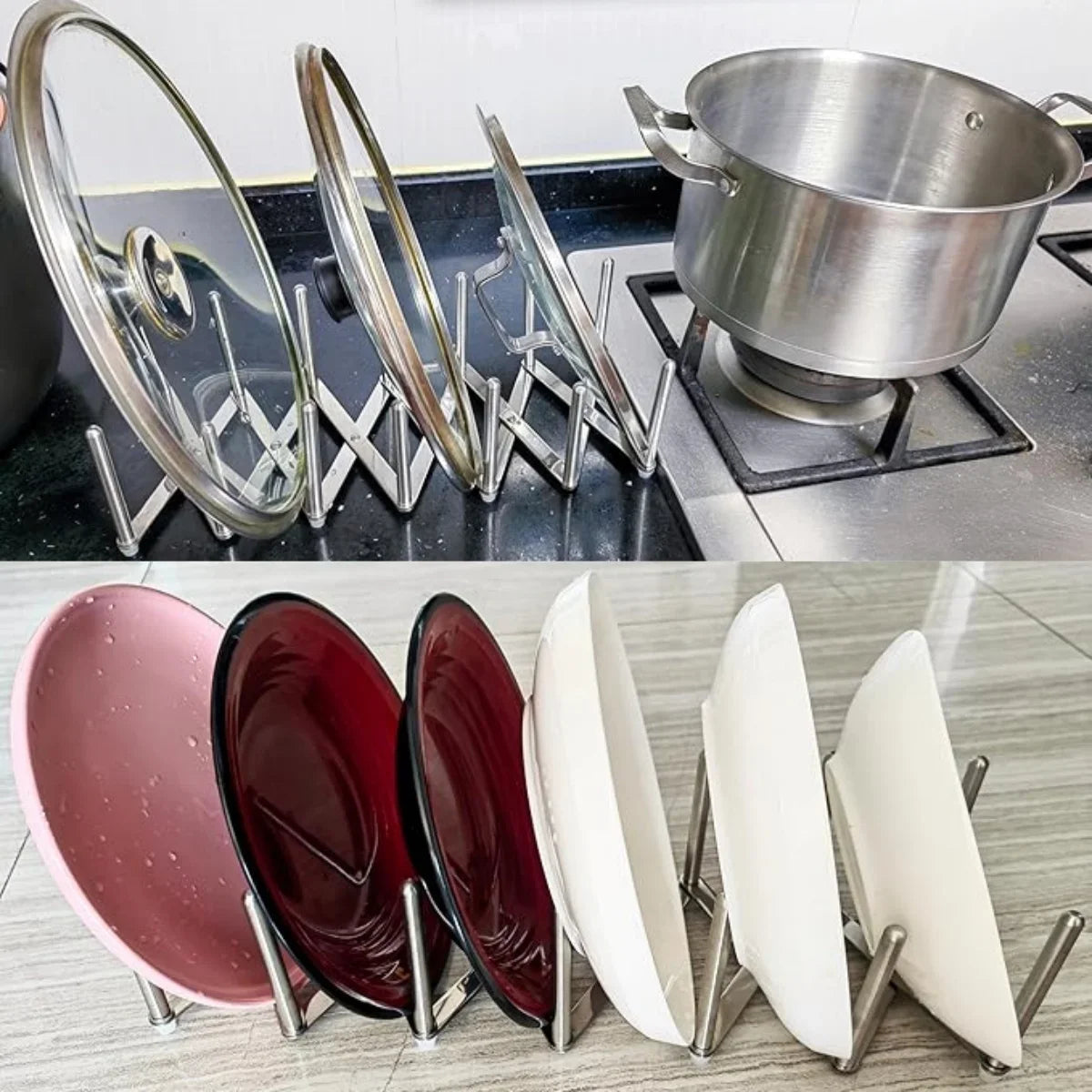 Adjustable Pot Lid & Plate& Pans Multipurpose Organizer Rack Holder Stainless Steel Dish Plate Drying Rack