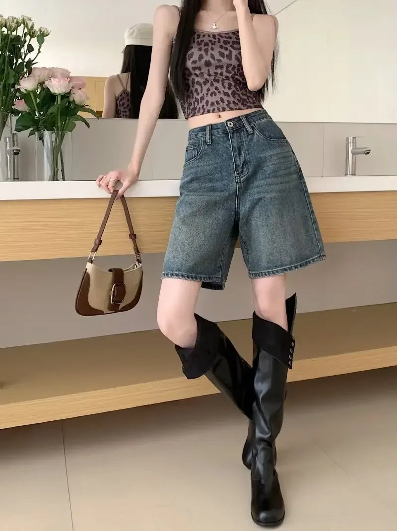 Summer High Waist Retro Jean Shorts for Women Loose Straight Denim Fashion Versatile Leisure Shorts Women's 2026