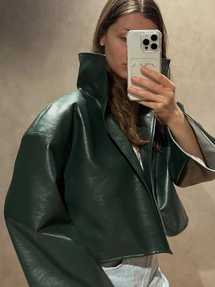 Women Retro Cropped Pu Leather Jacket High Stand Collar Open Front Loose Oversized Long Sleeve Outerwear Street Short Outerwear
