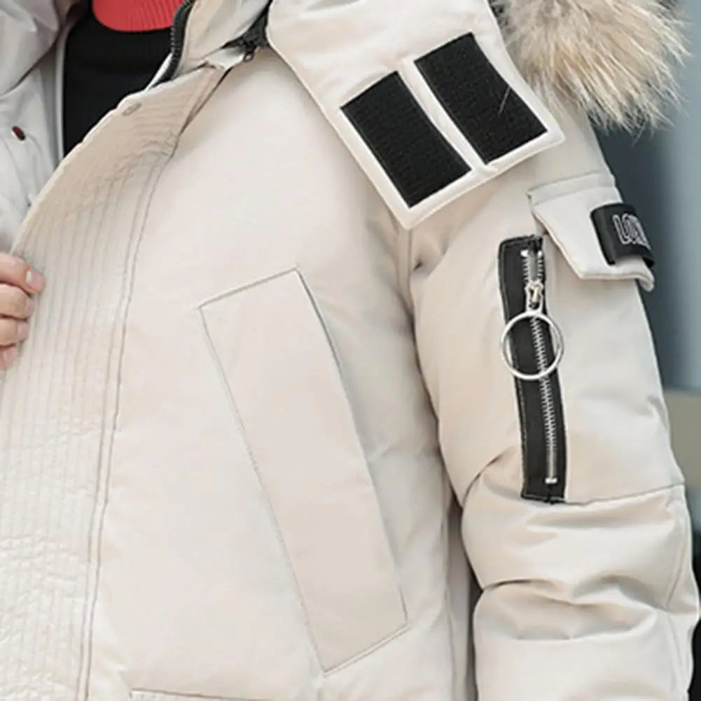 Men Down Jacket Fur Collar Hooded Long Sleeve Solid Color Winter Coat Zipper Placket Pockets Thickened Puffer Outwear