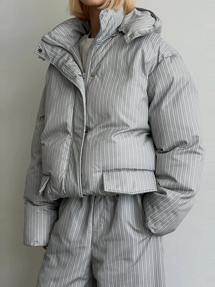 Street Striped Women's Cotton Coat Trouser Suits Hooded Zippers  Autumn Winter Thicken Lady Set 2026 Chic Female Outfits