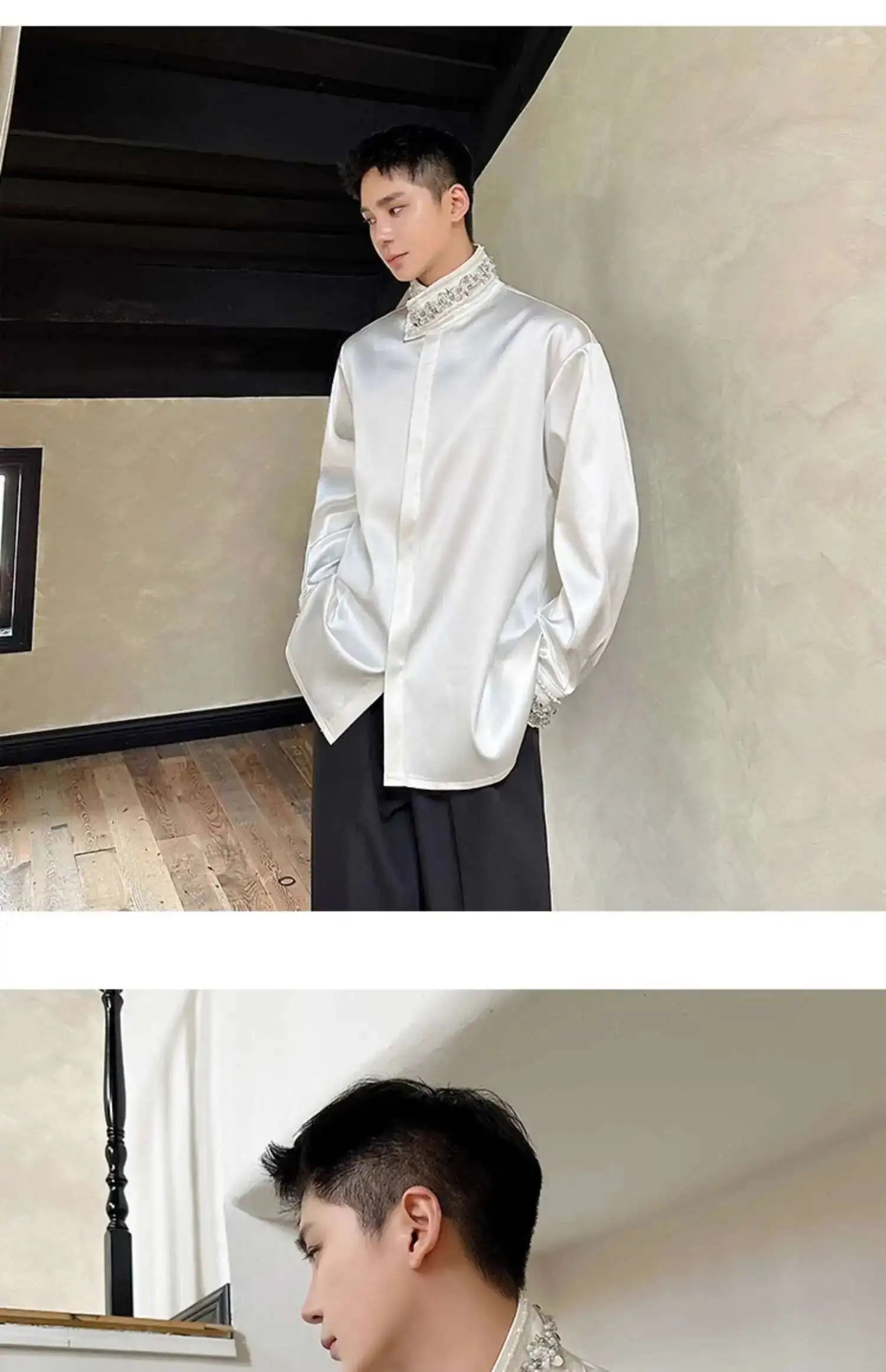 PFHQ Diamond Decoration Satin Long Sleeve Male Shirts Stand Collar Solid Color Single Breasted Men's Wear 2025 New Fashion9C7199