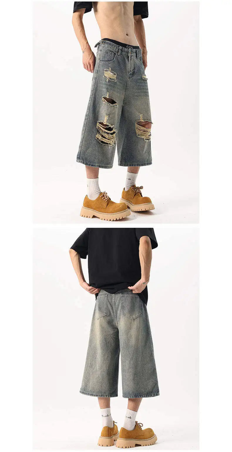 Men's Distressed Loose Fit Straight Leg Denim Capri Pants Casual Summer Jeans Ripped Details Trendy Casual Wear