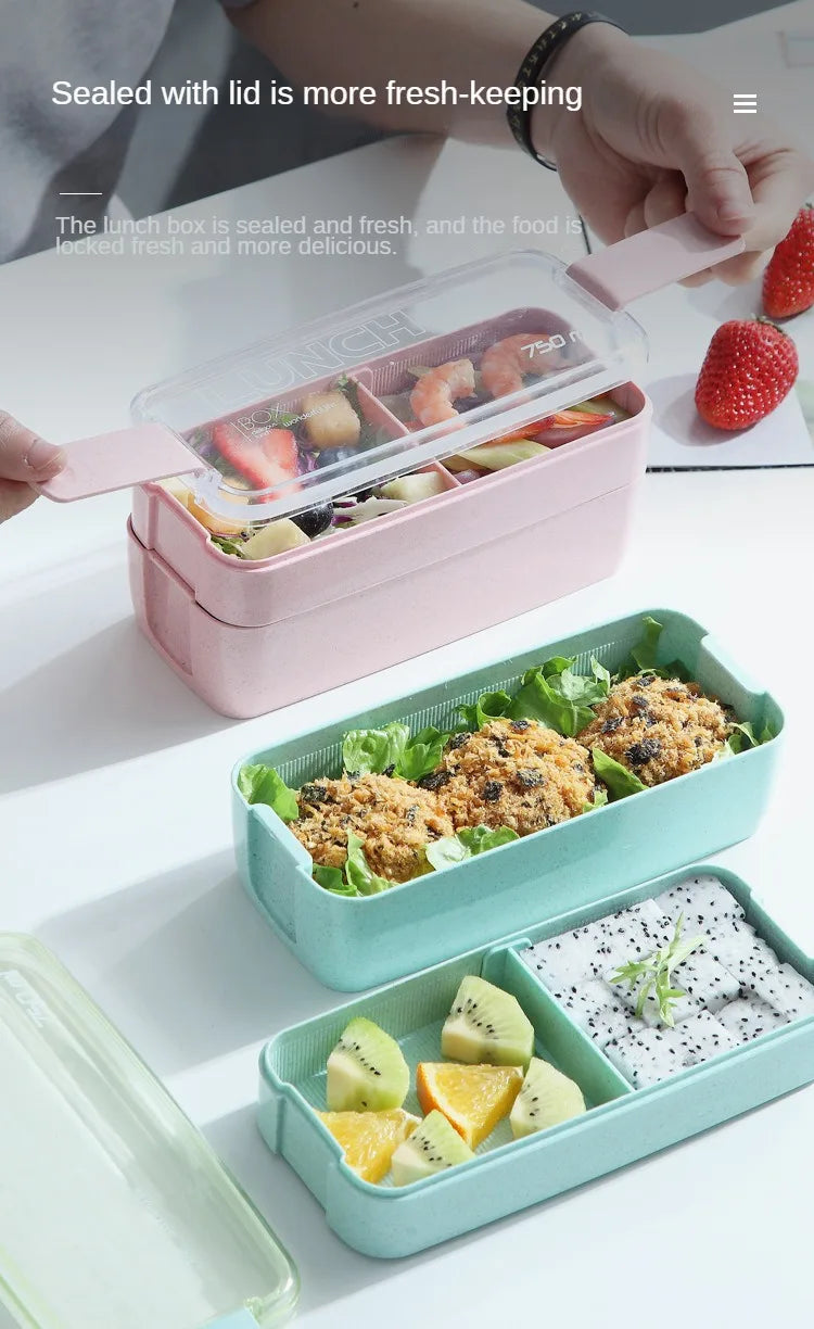 Wheat Straw Lunch Box ，Stackable Bento Box Microwave Dinnerware Food Storage Container with Spoon Fork For Student Work，2 Layer