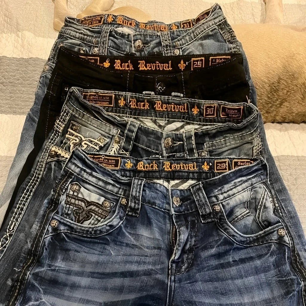 Y2K New Gothic Blue Denim Embroidery Harajuku Wide Pants Revival Mens Jeans Foliage Bootcut Women Pocket Hip Hop Streetwear