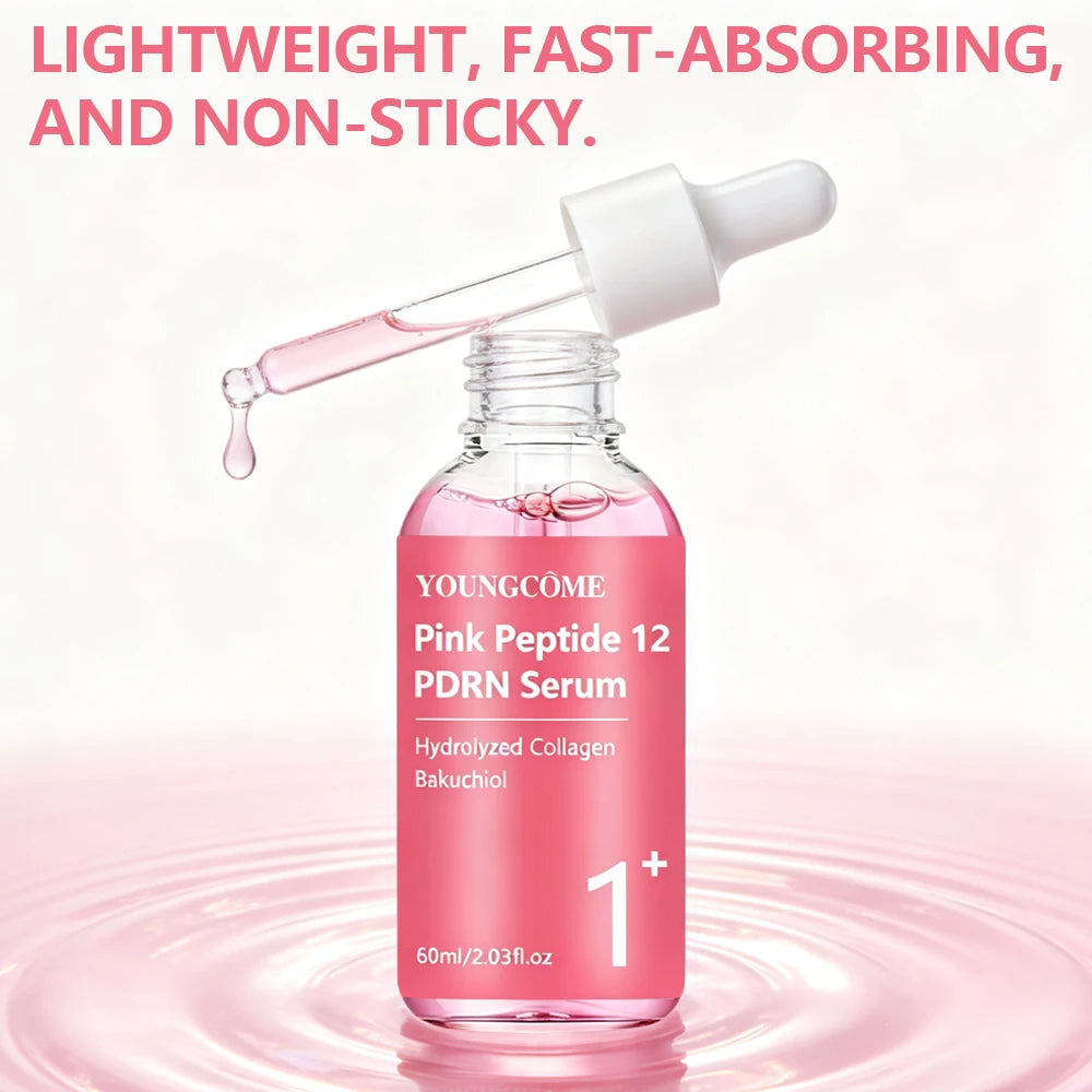 Serum YOUNGCOME Pink Peptide 12PDRN Serum with Hydrolyzed Collagen & Bakuchiol, Lightweight Daily Facial Care for All Skin Types