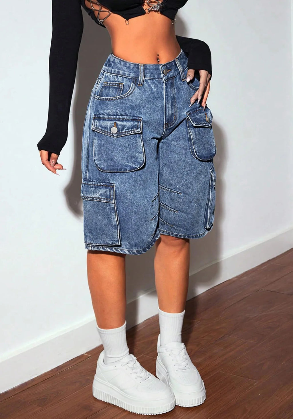 Shorts Women Knee Length Cargo Jeans Multiple Pockets High Waist Washed Distressed Streetwear 2025 Summer Denims Short Pants