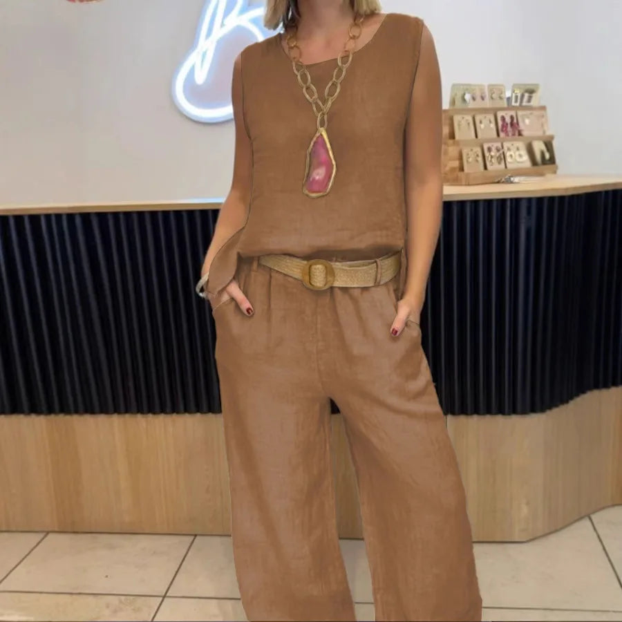 Summer Fashion Retro Casual Solid Color Cotton Linen Suit Women's Sexy O-neck Sleeveless Vest + Trousers Suit Two-piece Suit