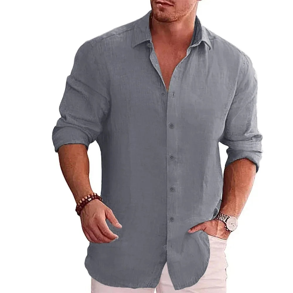 New men's cotton linen autumn hot long-sleeved shirt solid colour versatile casual resort style men's shirt tops