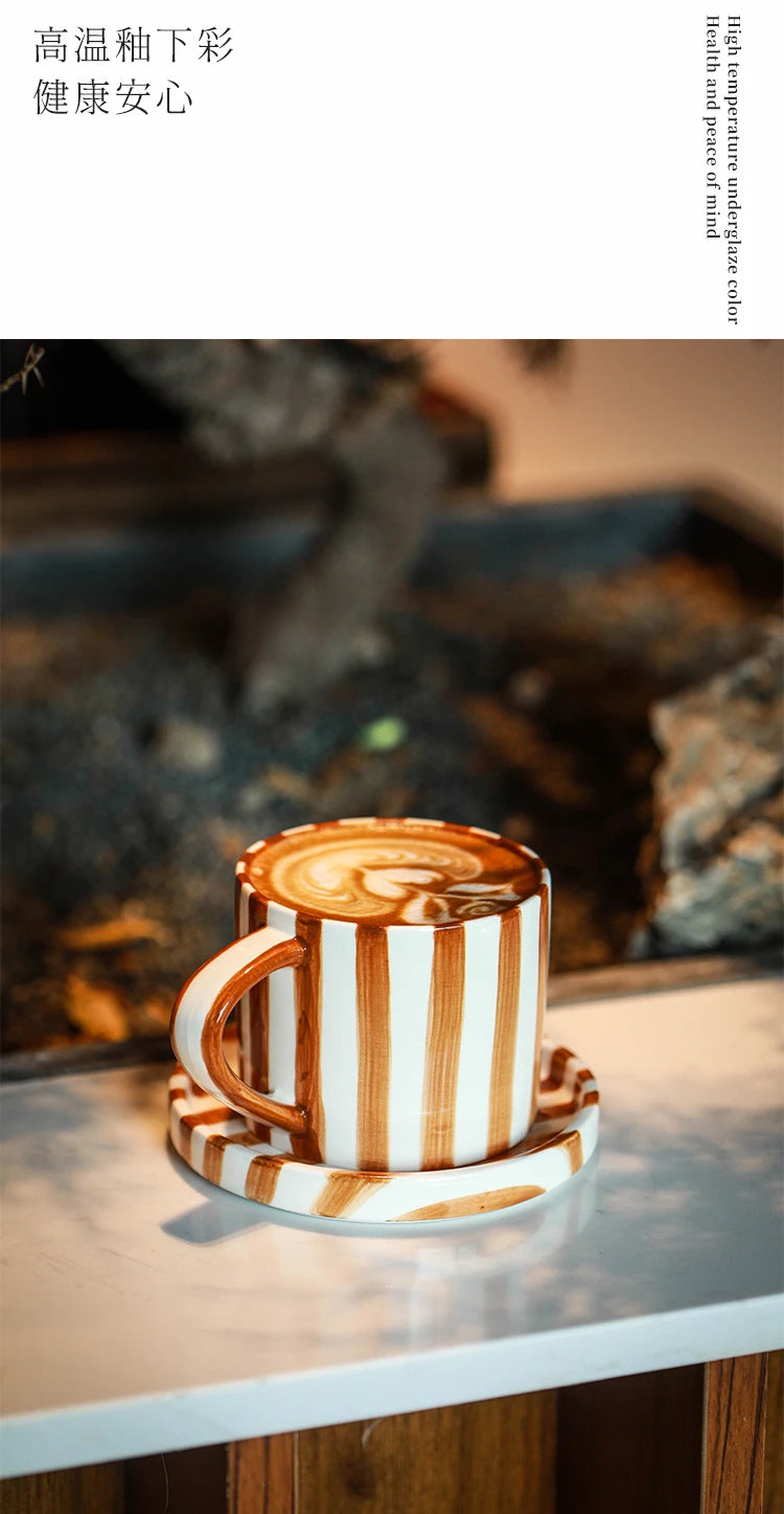 European Striped Ceramic Coffee Cup Saucer Modern Breakfast Dessert Plate Tea Cup Decorative Art Striped Coffee Cup 200 Ml Decor