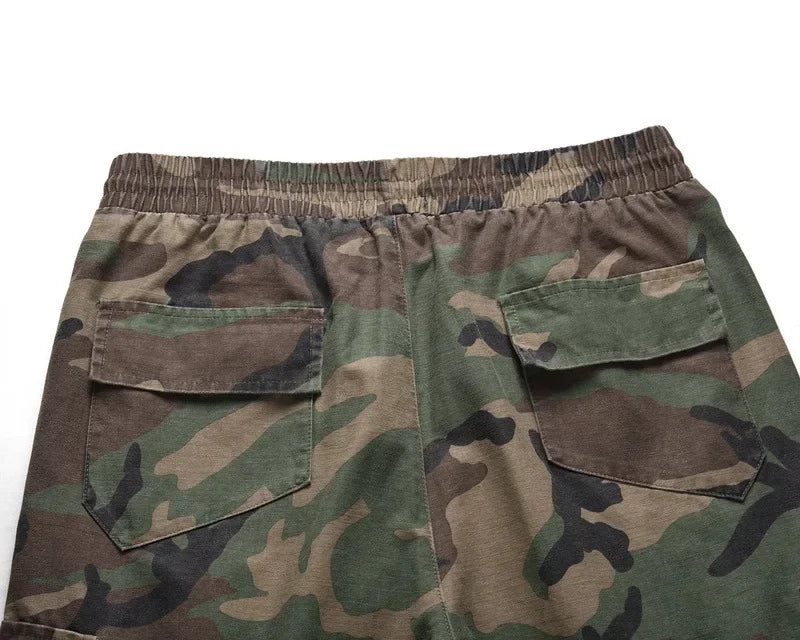 Euro-American High Street RO-Style Drawstring Distressed Camo Cargo Shorts - Multi-Pocket Tactical Utility Shorts with Pockets