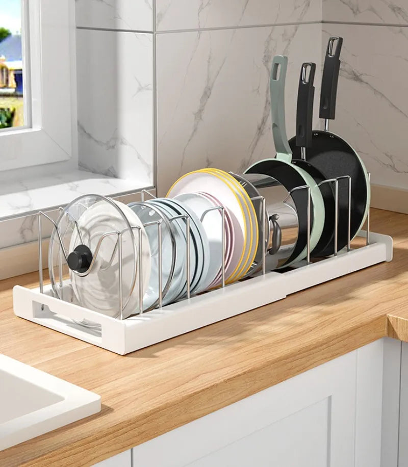 Expandable Kitchen Cabinet Pot Organizer - Adjustable Divider Rack, Multi-Use Storage Solution for Pots, Pans and Lids