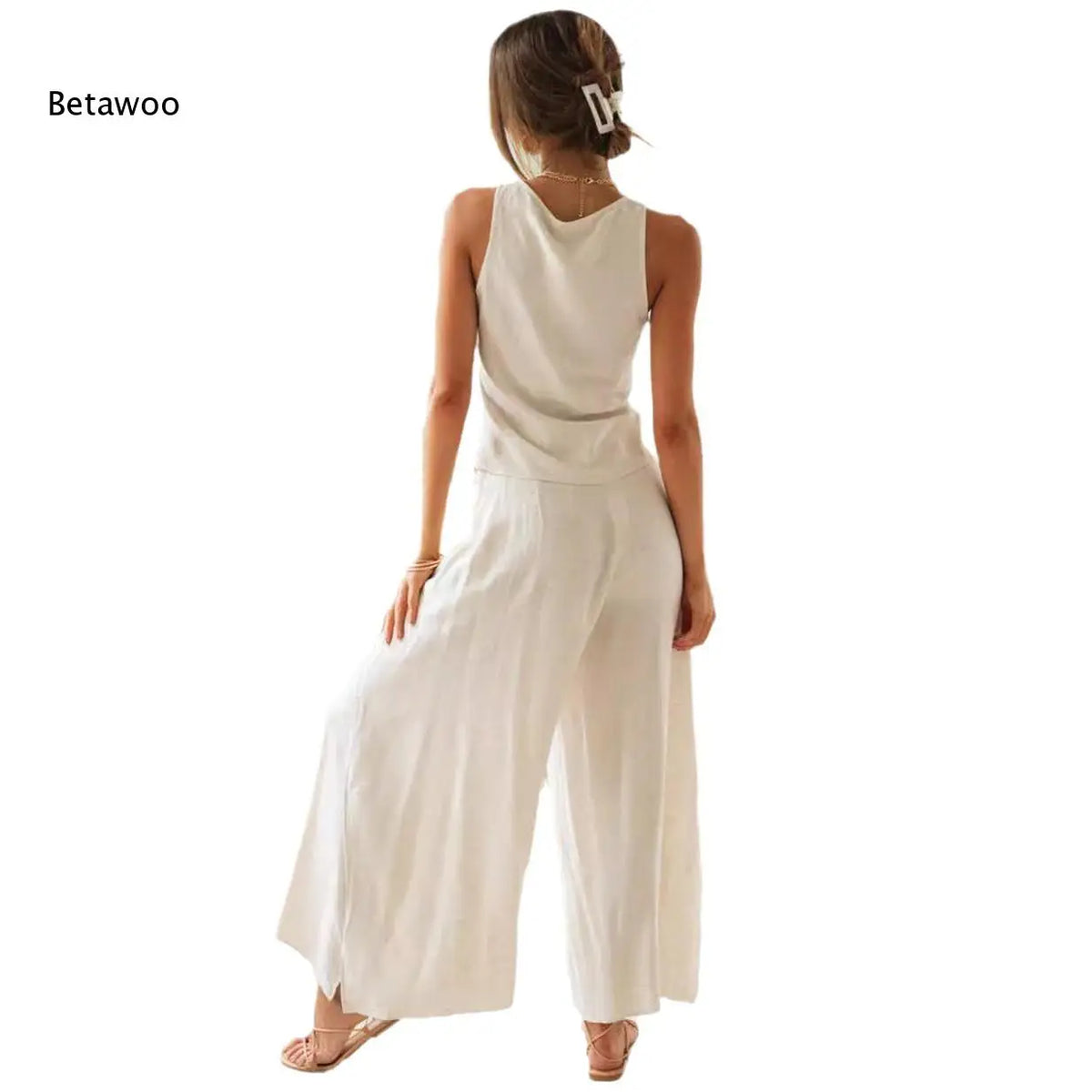 Women Sleeveless V Neck Two Piece Outfit Ruched Drawstring Crop Top High Waist Self Tie Wide Leg Pants Matching Set