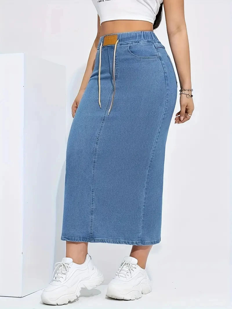 Women's long denim skirt with elastic waist, drawstring, logo patch, slit at the side, A-shaped hip-hugging skirt