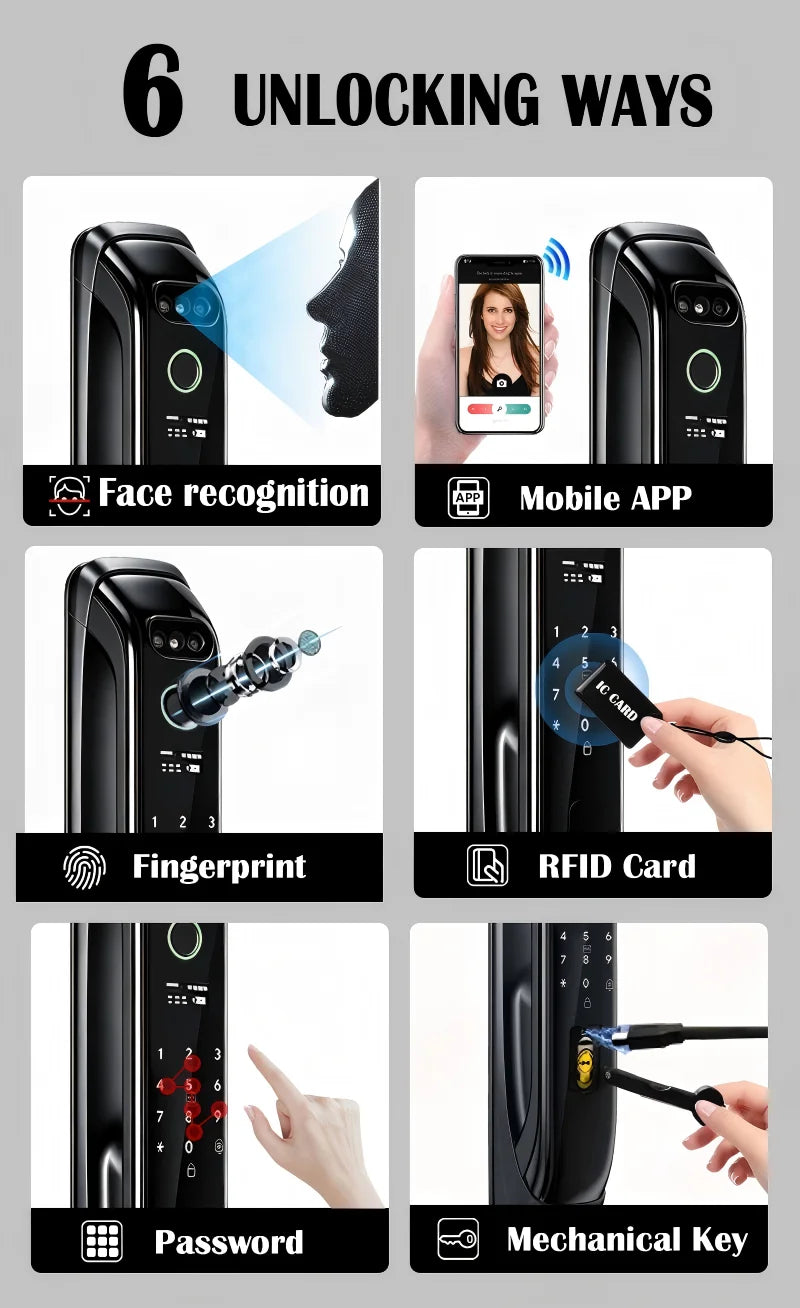 5050 5072 5572 4585 6085 Mortise Tuya WiFi Video Intercom 3D Face Recognition Smart Lock Biometric Camera Auto Keyless Lock