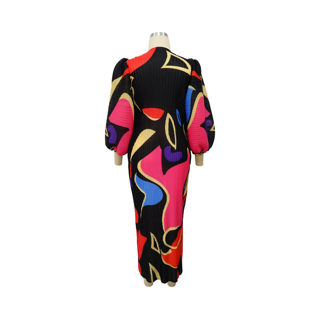 Elegant Women Pleated Half Lantern Sleeve O-neck Slim Maxi Long Dress Print Fashion Autumn 2025 Ruched Dresses Vestidos
