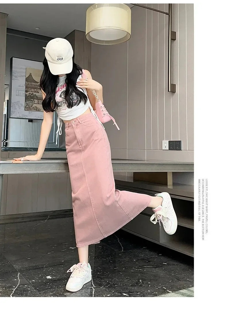 New Summer Women's 100% Cotton Denim Shorts Pink High-waisted Slit Retro Elegant Fashionable Casual Denim Long Skirt Female