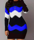 Round Neck Long Sleeve Print Knit Bodycon Midi Dress Women Casual Slim EU US Style Fall Winter Gown