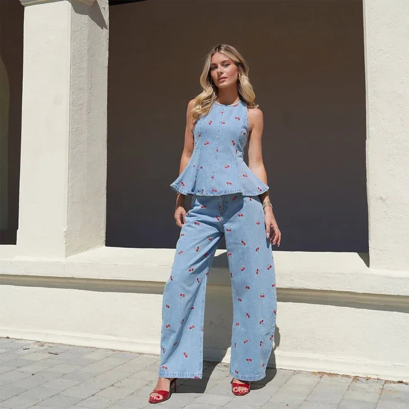 Denim Printed Pants 2 Piece Set Women Elegant Round Neck Sleeveless Vests Slim Long Pant Suits 2026 Lady Daily Street Outfit New