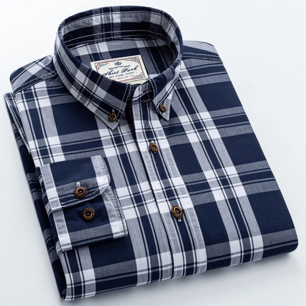 Men's 100% Cotton Plaid Long Sleeve Casual Shirt, Spring Autumn Lightweight & Breathable Slightly Slim Fit Button Down Shirts