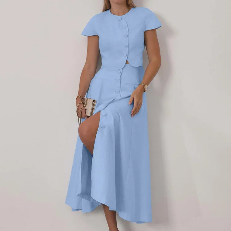 Two Pieces Women Dress Sets Solid Matching Sets Button Short Sleeves Top Empire Waist Ankle Length Skirt Loose Fit 2026 Summer