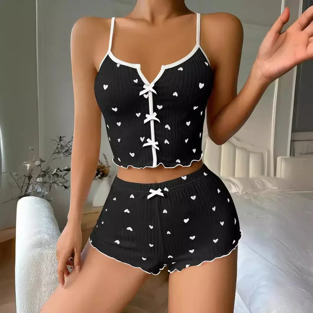 Heart Print Silk Stain V-Neck Sleeveless Casual Cami Top and Shorts Sets Sexy Sleepwear Women Pajamas Home Suit Loungewear