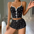 Heart Print Silk Stain V-Neck Sleeveless Casual Cami Top and Shorts Sets Sexy Sleepwear Women Pajamas Home Suit Loungewear
