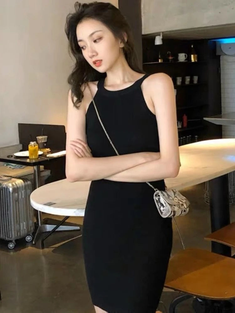 Summer New Style Hong Kong Flavor Slimming Sexy Girl Neck Hanging Bodycon Dress Shoulder Exposure Knitted Strap Dress Women