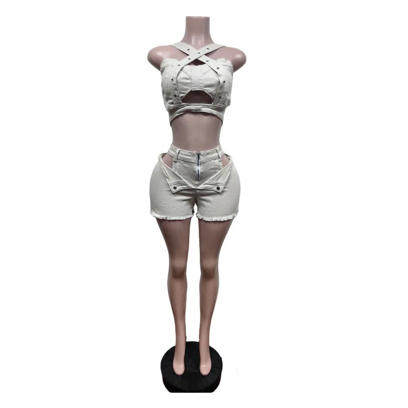 Fashion Denim Cutout Women's Set Wrap Strap Crop Top and Shorts Jeans 2026 Summer Two 2 Piece Sets Outfits Tracksuit