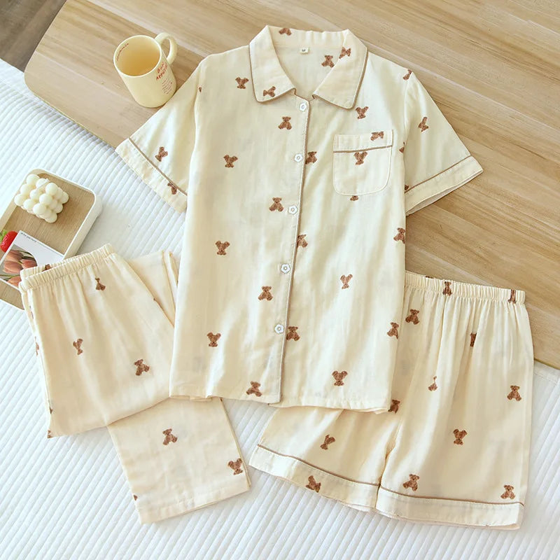 Three-piece Japanese-style pajamas women spring and summer autumn 100% cotton gauze short-sleeved shorts trousers summer suit ho