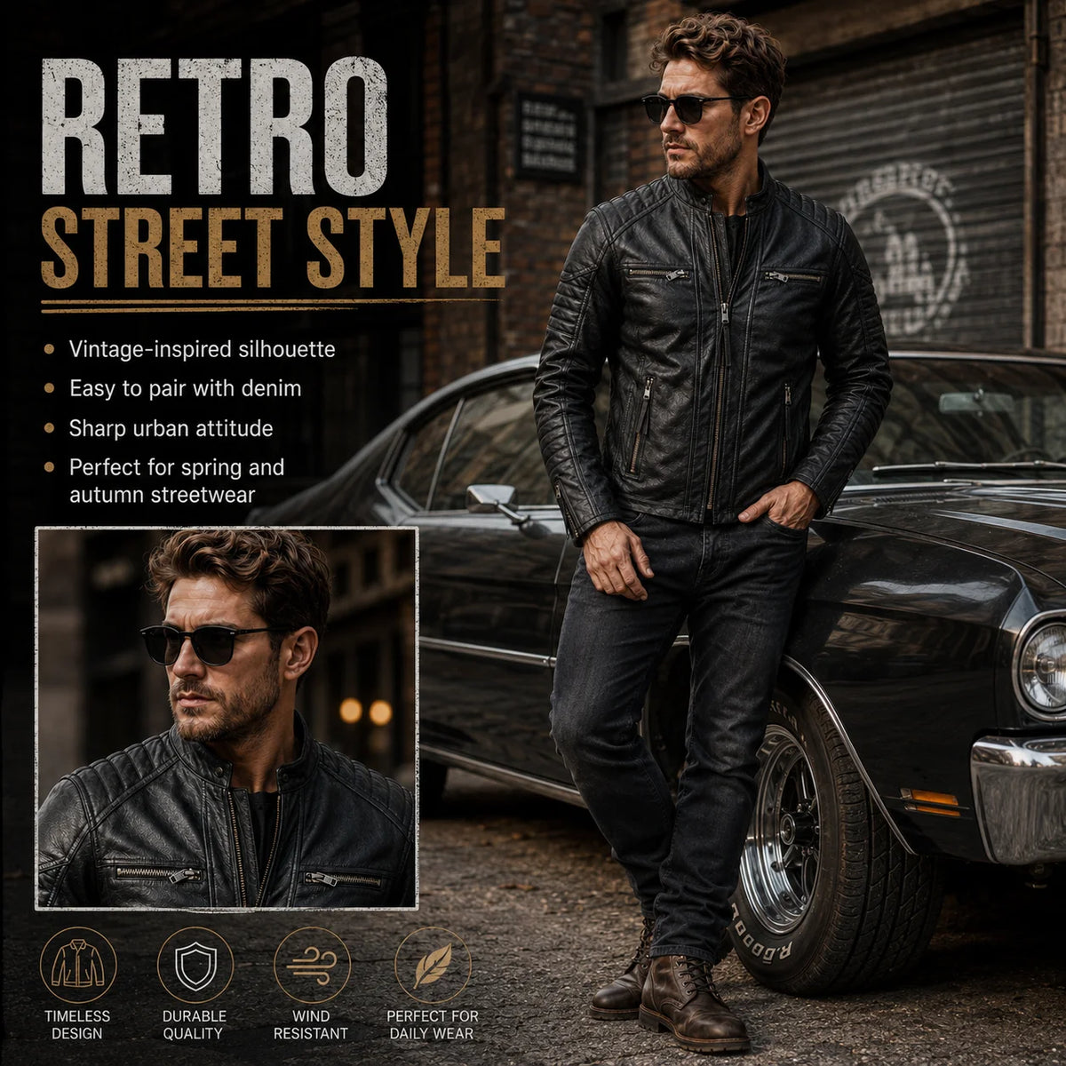 New Motorcycle Causal Vintage Leather Coat Men Autumn Outfit Fashion Biker Pocket Design Top Layer Cow Leather Jacket