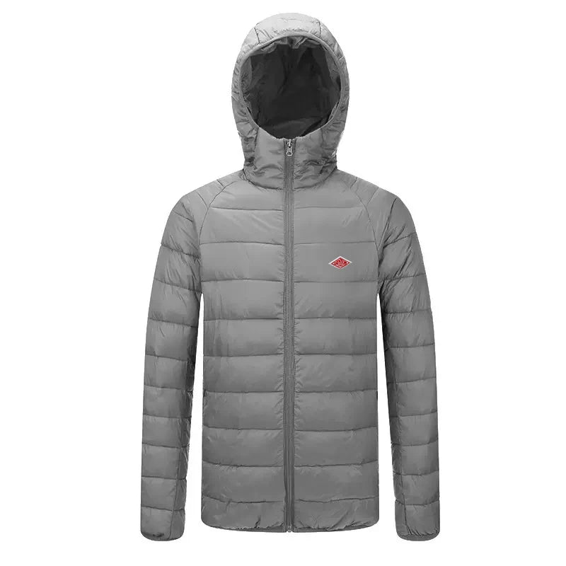 Winter Korean Style Men With Embroidery Logo Front Light Thin Hooded Down Long sleeves Zipper Turtleneck Jacket Warm Windproof