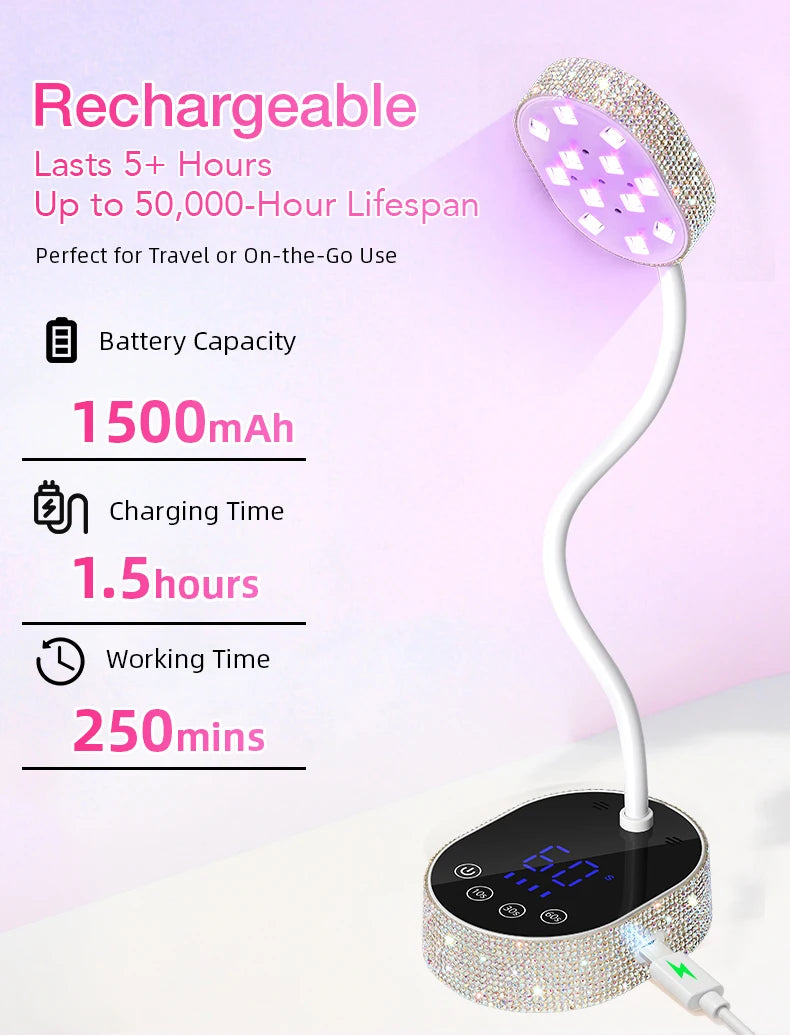 Wireless UV LED Nail Lamp 36W Rechargeable Mini Gel Dryer with Auto Sensor Timer and 360° Rotating Neck for Manicure on the Go