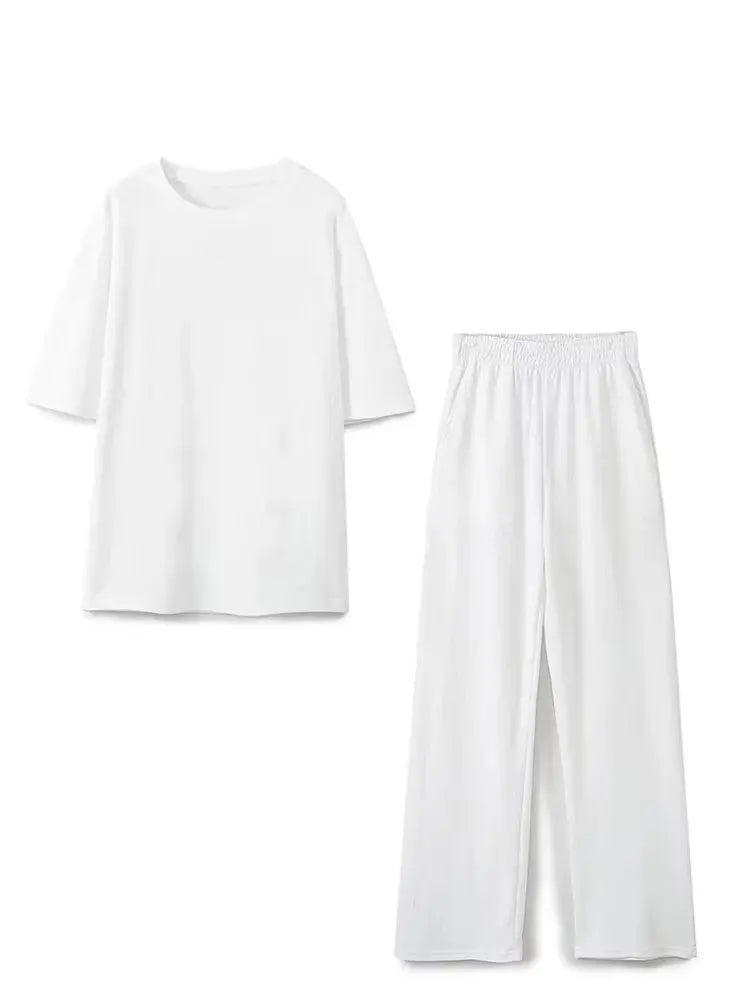 HH Women Vintage Solid Shirts Pant Sets O Neck Short Sleeve Shirts Top + Elastic Waist Loose Trousers Spring Commuting Suit