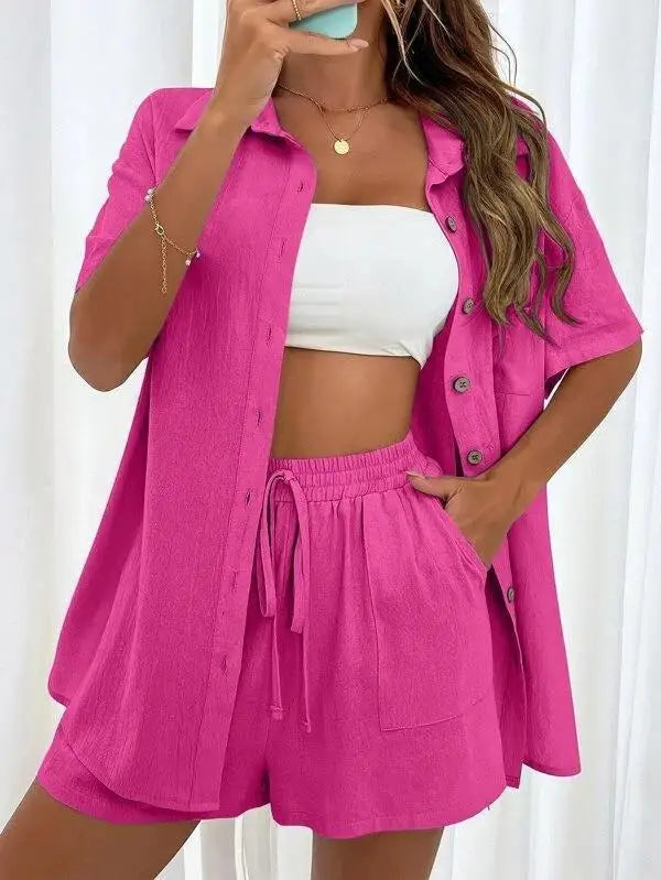 Solid Color Single Breasted Top Casual Loose Short Pants Sets Women Summer Women's 2 Pieces Suit Full Set Female Outfit Clothes