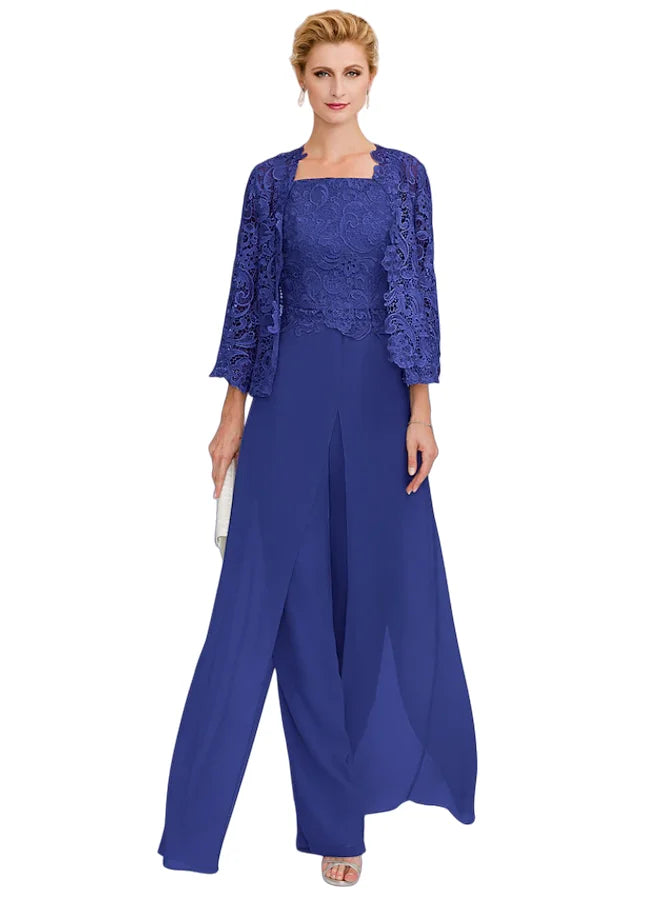 Jumpsuit Pantsuit 3 Piece Floor Length Sleeveless Square Neck Elegant Formal Wedding Guest Chiffon Mother of the Bride Dress