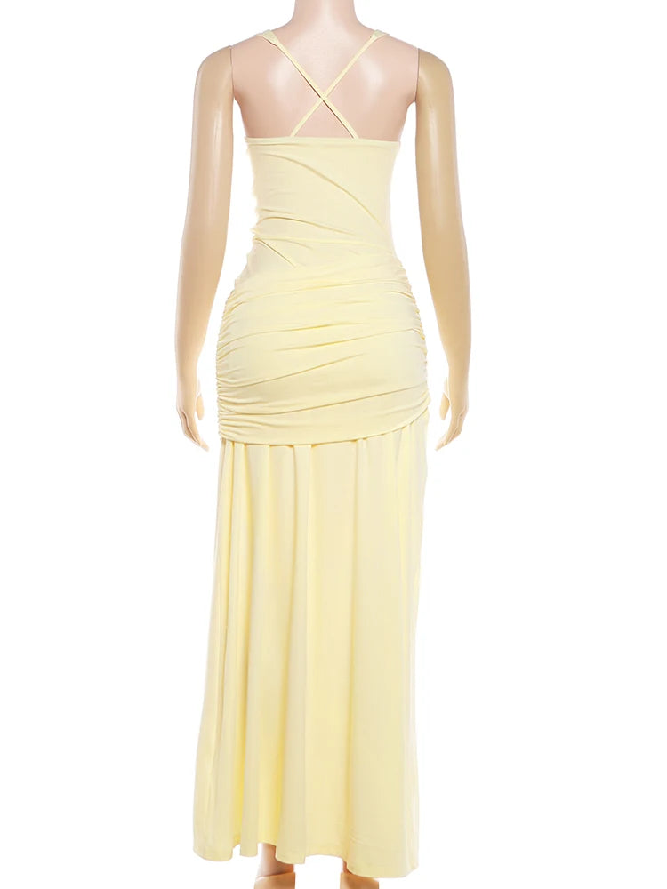 Sisterlinda Chic Elegant Backless Dress Women Folds Square Collar Low-Neck Sleeveless Birthday Party Solid Chic Banquet Vestidos