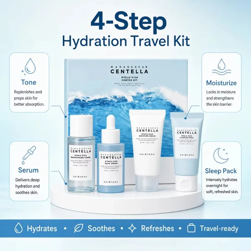 Centella Poremizing & Hyalu-Cica Travel Kit,Toner,Foam,Ampoule Serum,Light Gel Moisture Cream,Night Sleeping Pack 4pcs Gift Sets