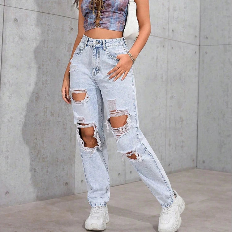 Women's Distressed Straight Leg Jeans Ripped Hole Denim Pants Casual Loose High Waist Street Style Trousers