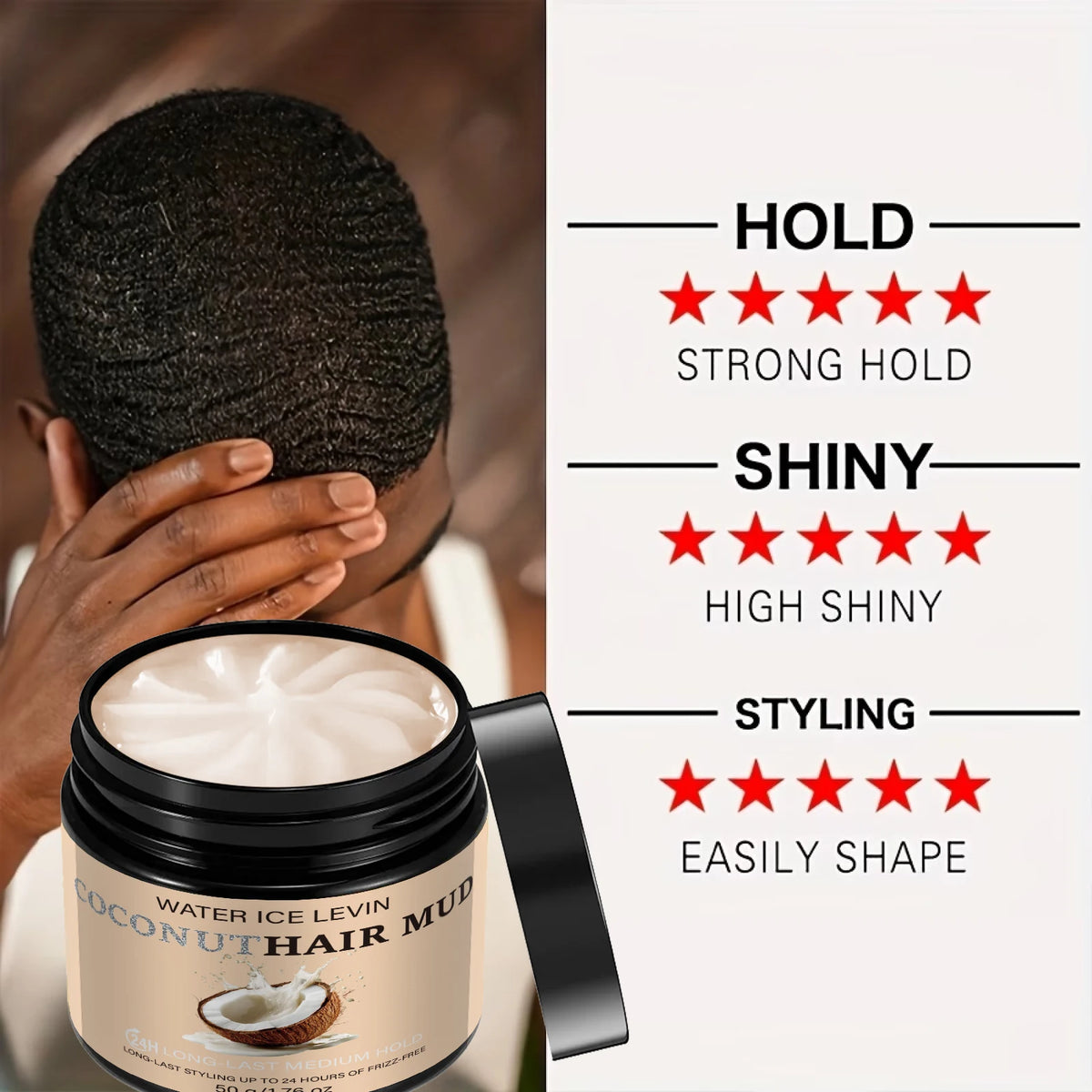 Water Ice Levin Coconut Hair Mud 24H Long Last Medium Strong Hold Water Based Styling Paste 50g