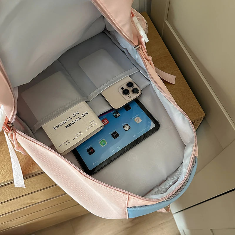 Women's Pastel Color Block Backpack Clear Display Pockets Plush Charm Bow Detail Adjustable Strap Casual Daily Itabag School Bag